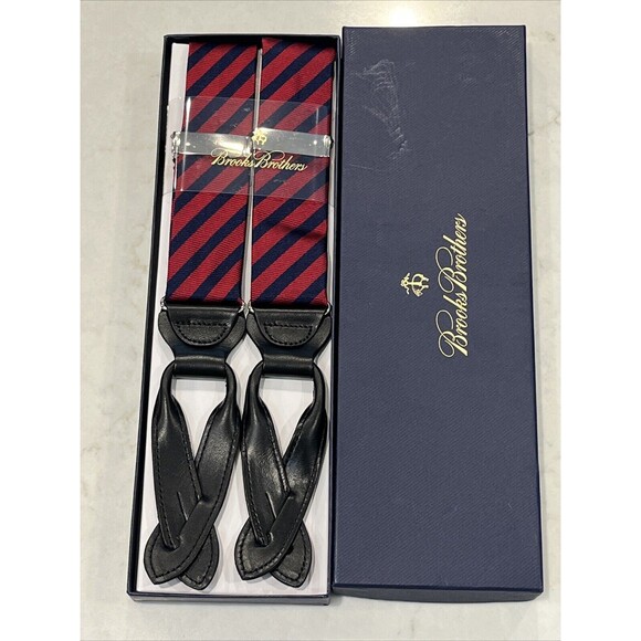 Brooks Brothers Red Navy Diagonal Stripe Suspenders Braces Silk Leather Silver